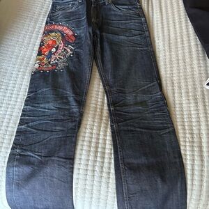 Men's Dark Blue Bootcut Jeans with Red Graphic Patch